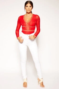 Carmin - Red Long Sleeve Lace Open Back Bodysuit -Outlet Sarto Base Store missg.aug2 .201834987