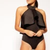 Elora - Black Scuba Ruffle Trim Choker Neck Bodysuit