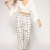 Jocie - White Checked High Waisted Cigarette Trousers