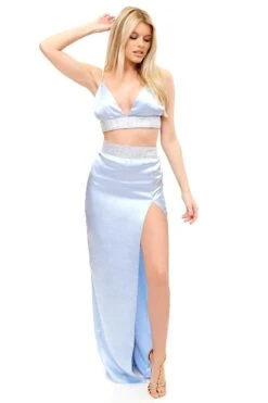 Alessandria - Baby Blue Diamante Satin Maxi Two Piece Set