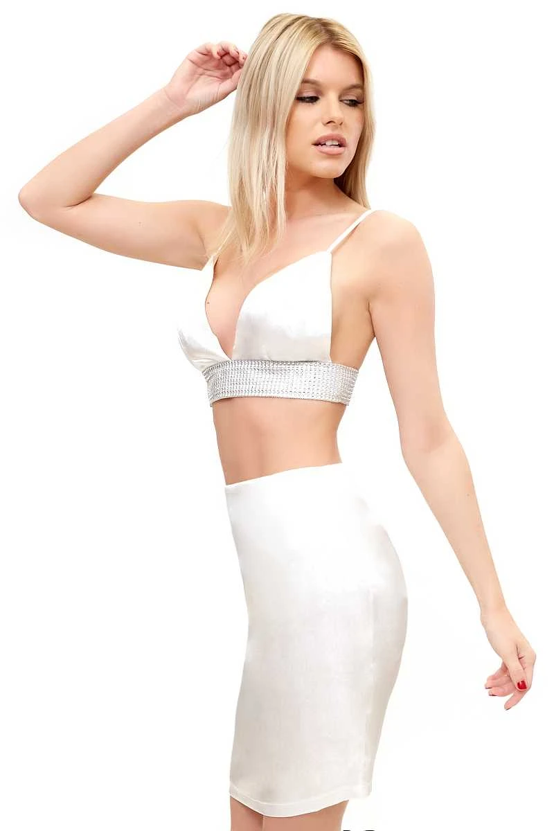 Byanca - White Diamante Satin Mini Two Piece Set 4 Byanca - White Diamante Satin Mini Two Piece Set - Image 4