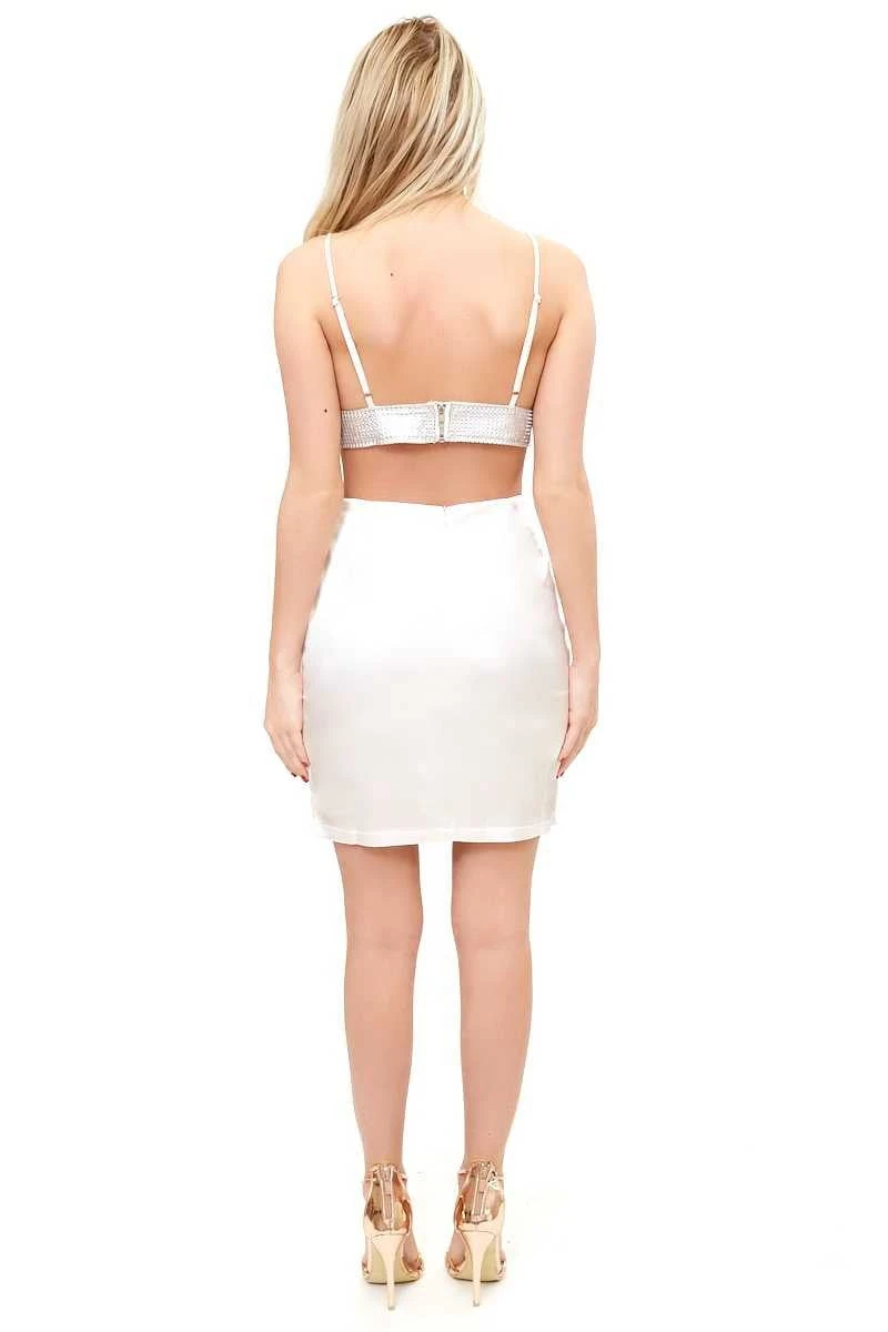 Byanca - White Diamante Satin Mini Two Piece Set 6 Byanca - White Diamante Satin Mini Two Piece Set - Image 6