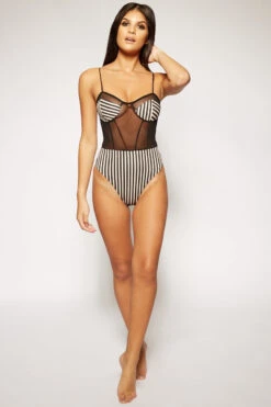 Emma - Black & Nude Striped Mesh Bodysuit