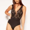 Shawna - Black & Nude Lace Plunge Bodysuit