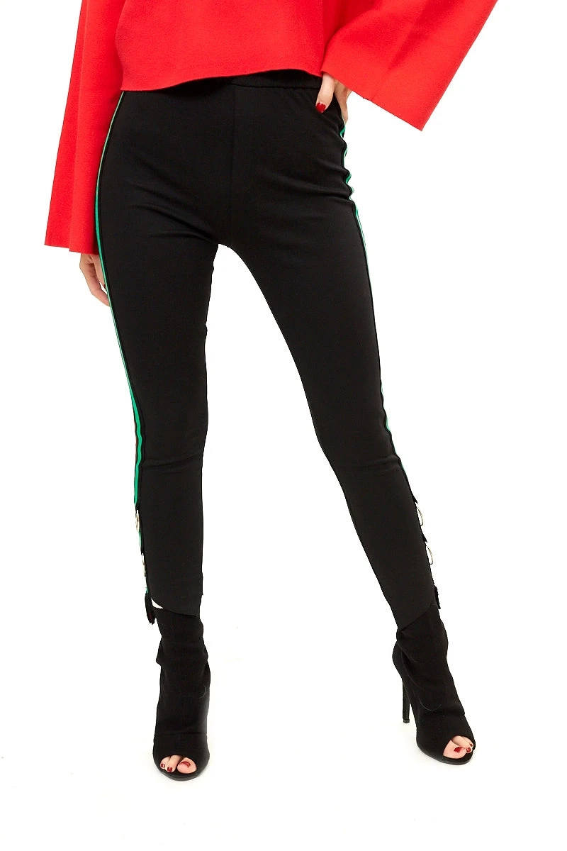 Mikealah - Black Stripe & Ring Detail Trousers 2 Mikealah - Black Stripe & Ring Detail Trousers - Image 2