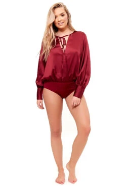 Jeanie - Wine Satin Wrap Front Bodysuit -Outlet Sarto Base Store missg.oct2 .201714687