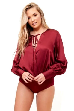 Jeanie - Wine Satin Wrap Front Bodysuit -Outlet Sarto Base Store missg.oct2 .201714688