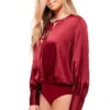 Jeanie - Wine Satin Wrap Front Bodysuit